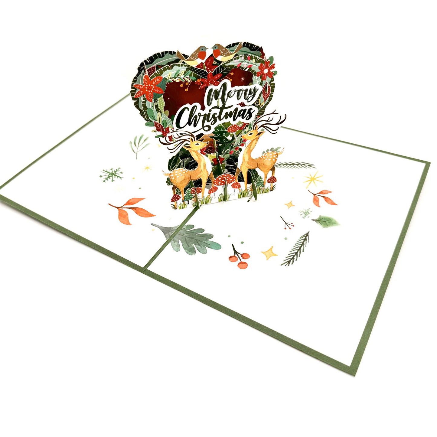 Festive Reindeer And Merry Christmas Heart Pop Up Christmas Greeting Card