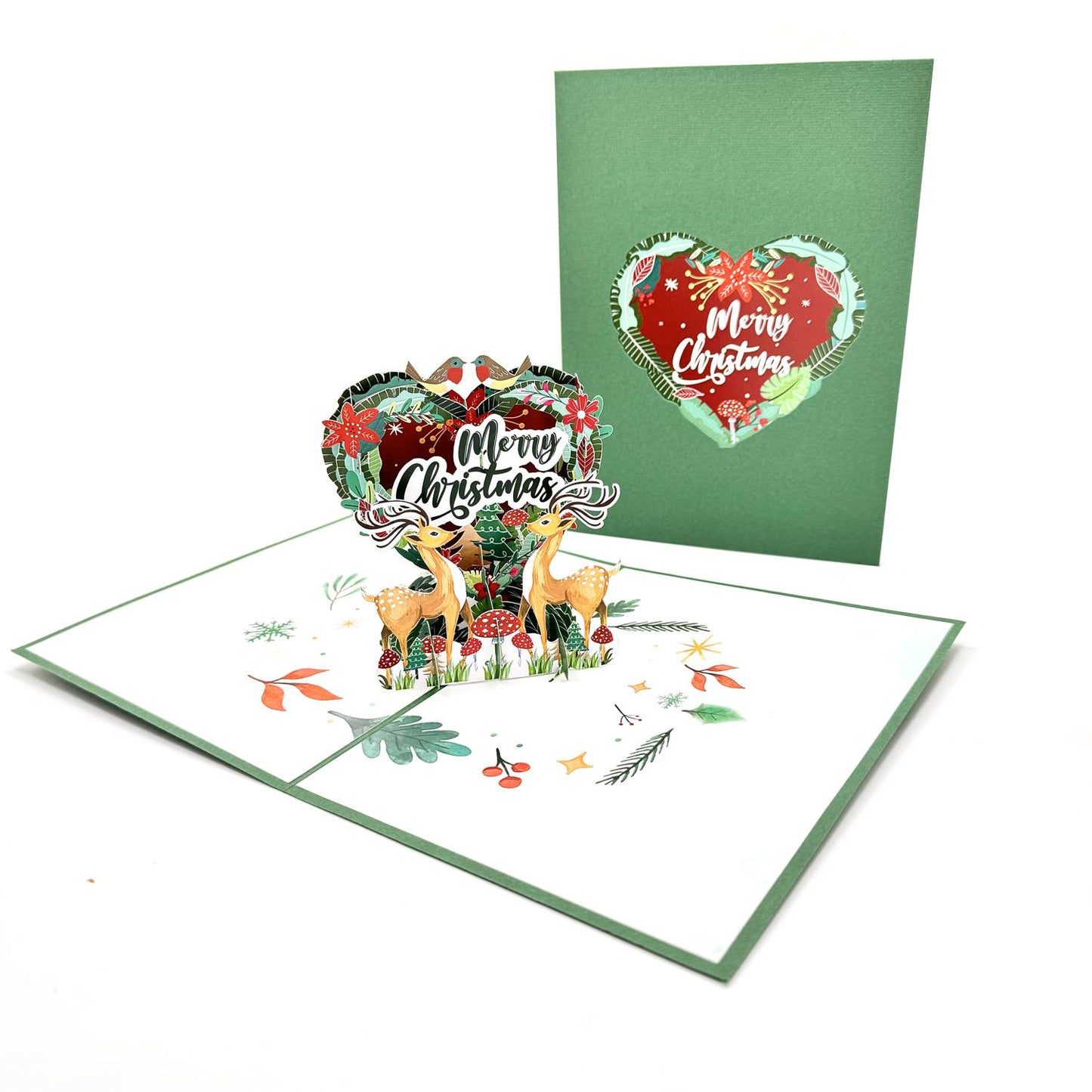 Festive Reindeer And Merry Christmas Heart Pop Up Christmas Greeting Card