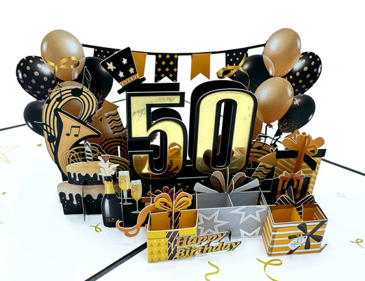 Golden 50th Birthday 3D Pop-Up Greeting Card